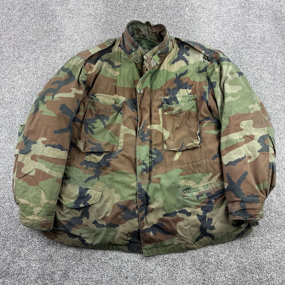 Vintage Military Jacket Mens XL Cold Weather Field Woodland Camo M65 W/ Liner